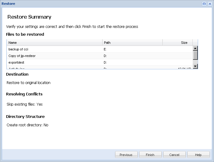 This diagram diplays available options in the Restore Summary dialog