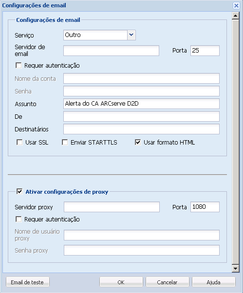 Configuração de backup - caixa de diálogo Configurações de email