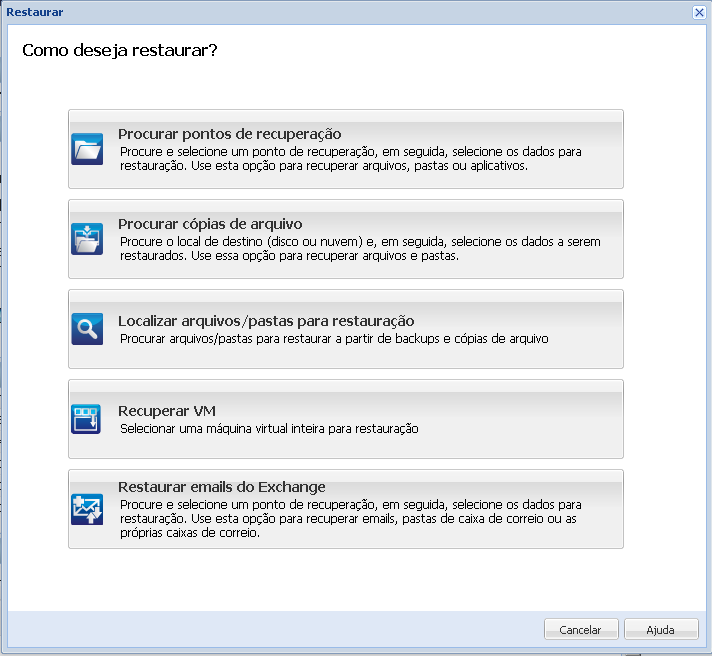 Caixa de diálogo para selecionar um método de restauração
