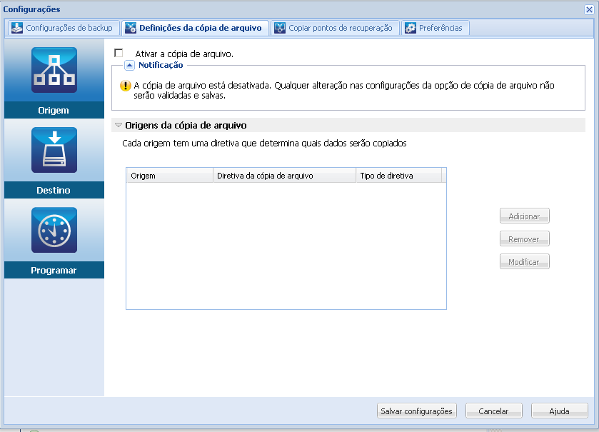 Caixa de diálogo Definições da cópia de arquivo - Origem