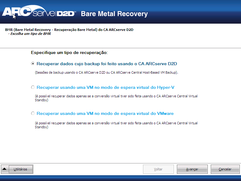 caixa de diálogo Recuperação Bare Metal - Especificar um tipo de recuperação.