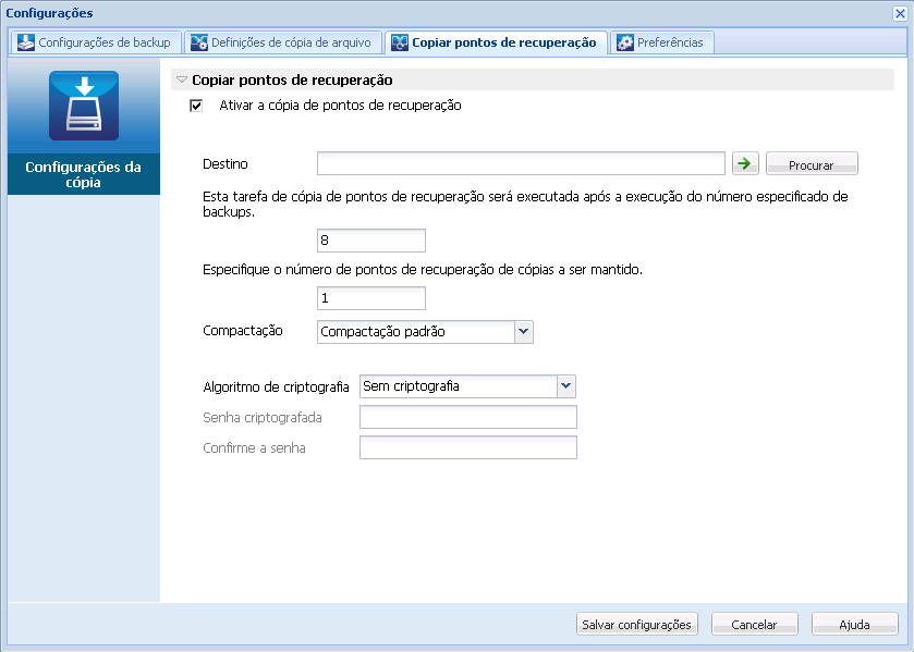 Esta imagem exibe as opções disponíveis para configurar as configurações de cópia do ponto de recuperação