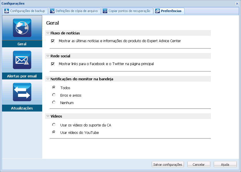 caixa de diálogo Preferences Settings - Atualizações