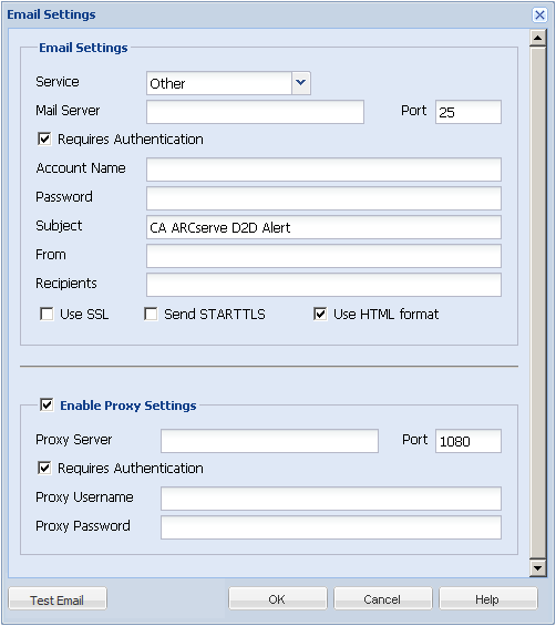 Backup Configuration - Email Settings Dialog