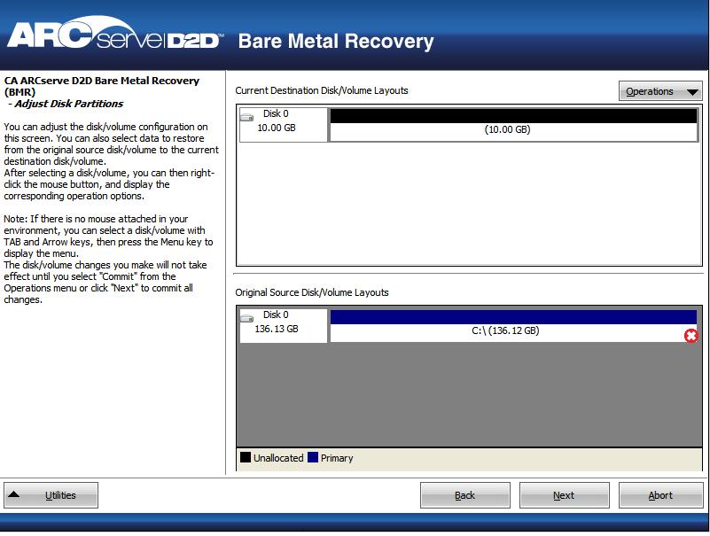 Bare Metal Recovery - Adjust Disk Partitions dialog.