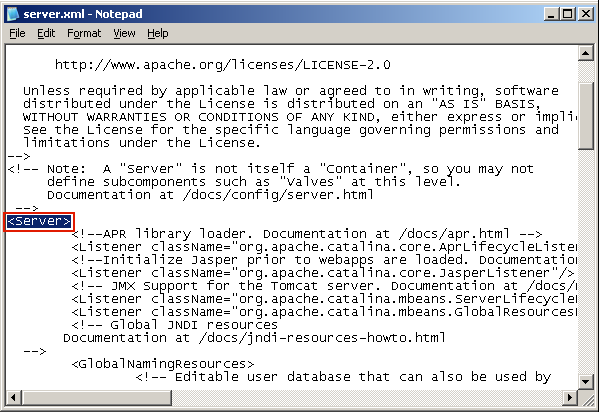 Server.xml File. The <Server> field is highlighted.