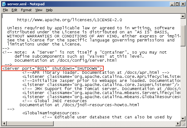 Server.xml file. The field to modify is highlighted.