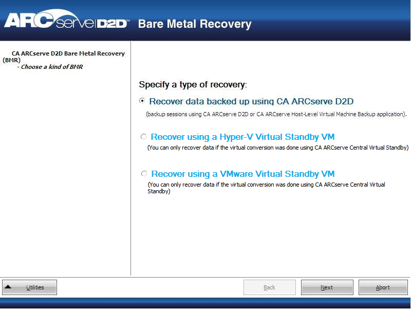 Bare Metal Recovery - Specify a Type of Recovery dialog.