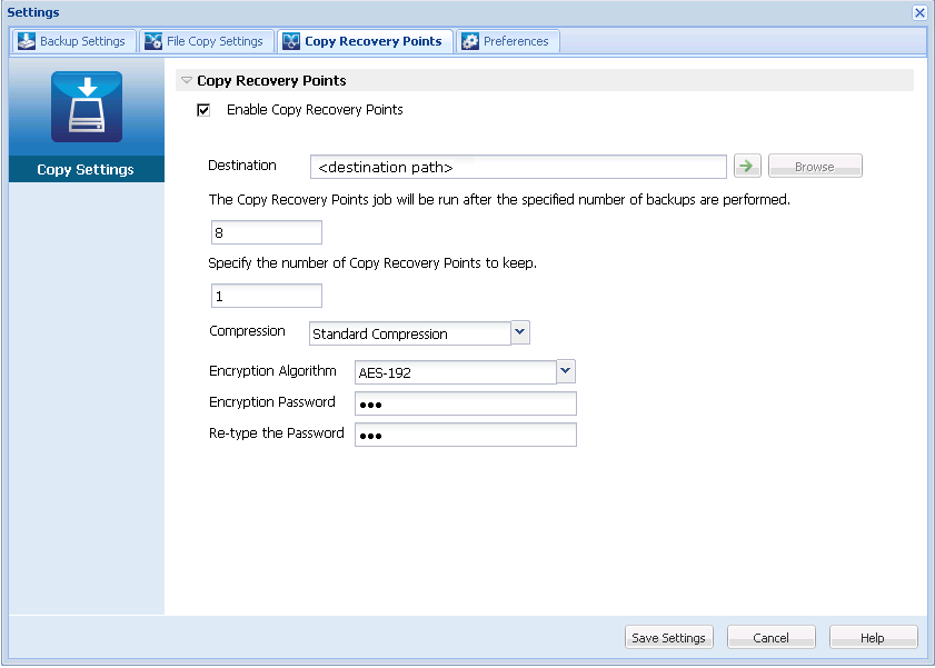 This picture displays the options available to configure the copy recovery point settings