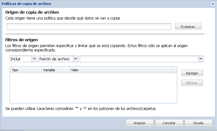 Políticas de copia de archivo - Orígenes y filtros - Copia de archivo