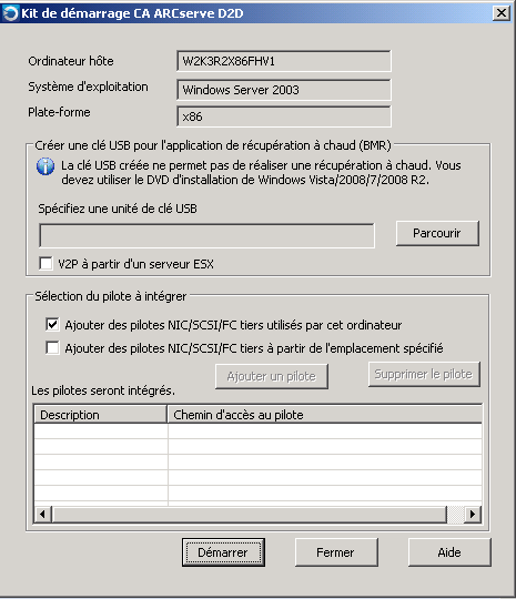 Boîte de dialogue du kit de démarrage - USB