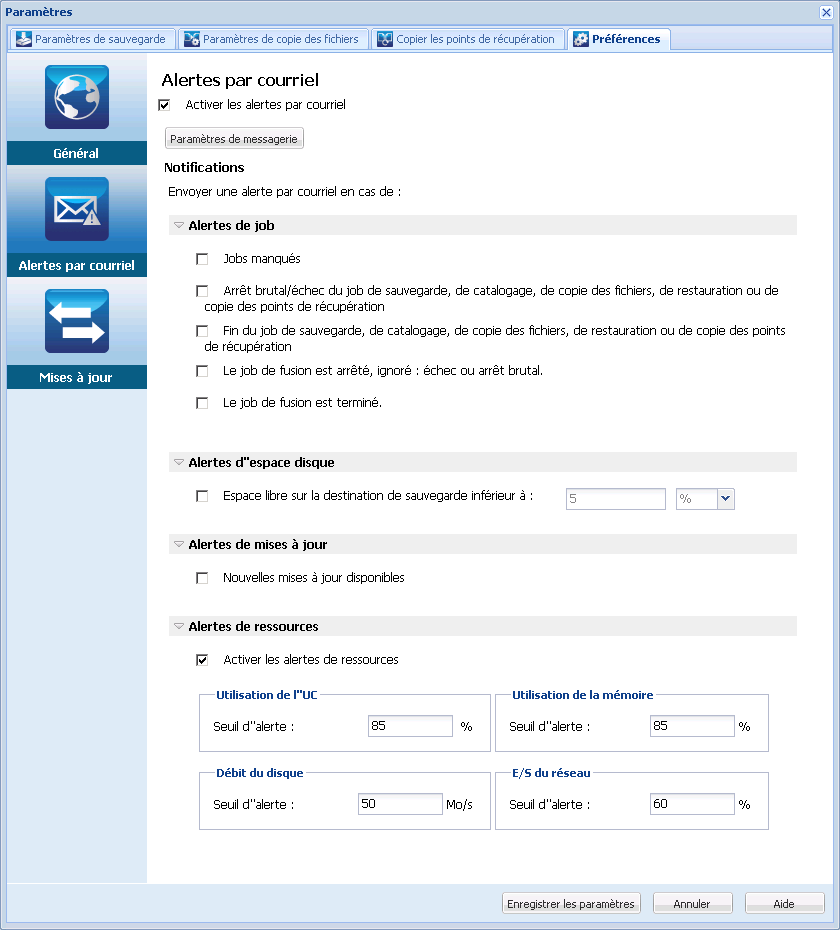 Boîte de dialogue Paramètres des préférences - Alertes par courriel