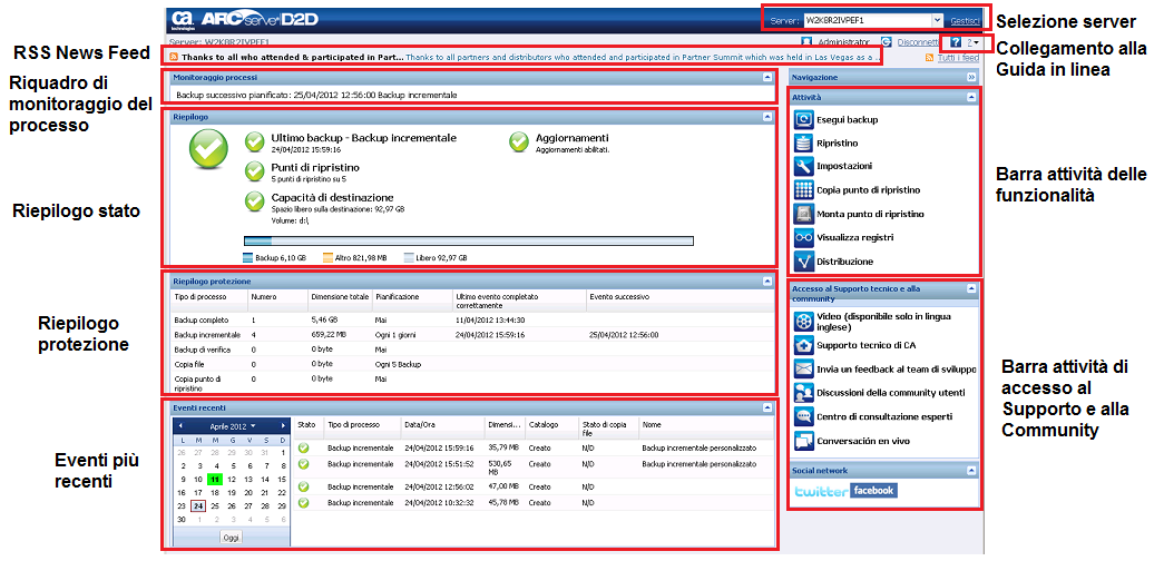 Pagina principale di CA ARCserve D2D