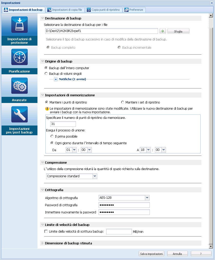 Esegui backup - Impostazioni di protezione