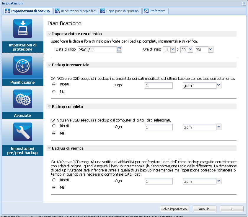 Esegui backup - Pianificazione