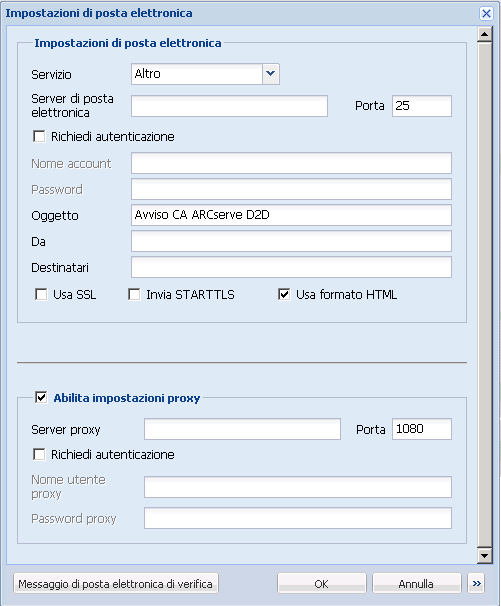 Finestra di dialogo di configurazione backup - Impostazioni di posta elettronica