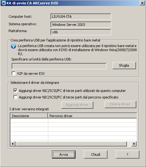 Finestra di dialogo Kit di avvio - USB