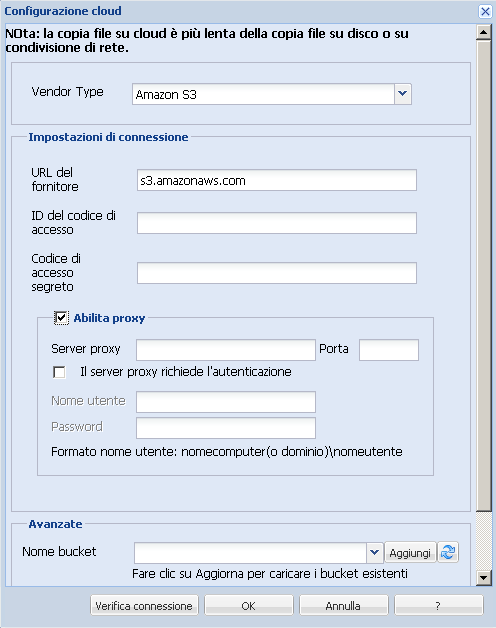Finestra di dialogo Configurazione cloud - Copia file