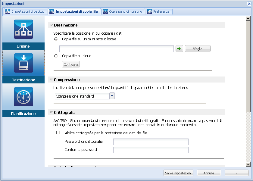 Impostazioni di copia file - Finestra di dialogo Destinazione
