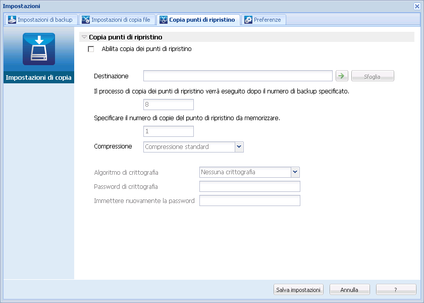 Questa immagine mostra le opzioni disponibili per la configurazione delle impostazioni di copia del punto di ripristino