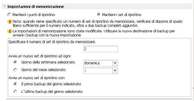 Esegui backup - Impostazioni di protezione