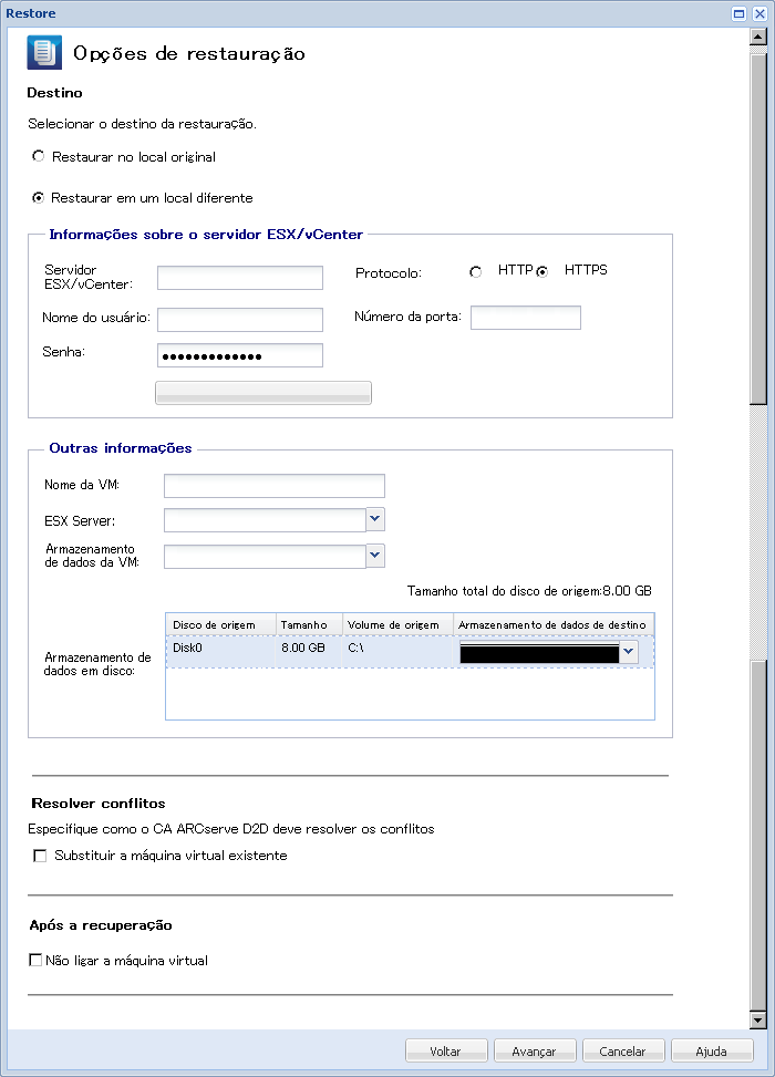 Este diagrama exibe as opções de restauração disponíveis para o local alternativo