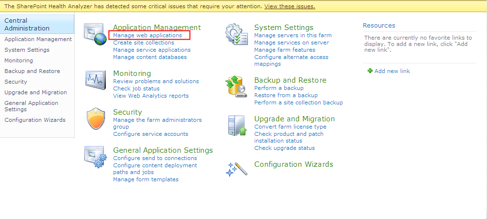 Central Administration showing Manage web applications highlighted