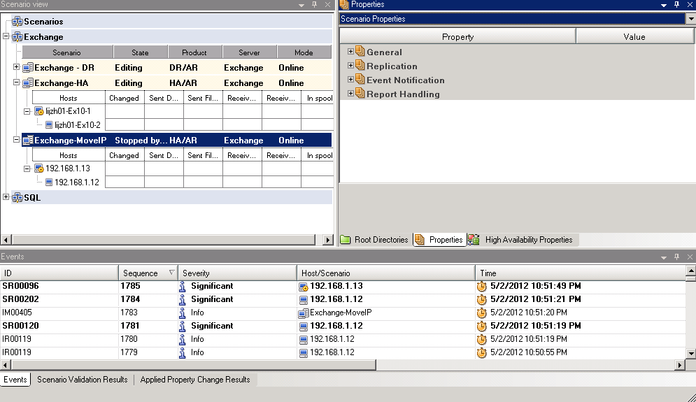 Properties tab for running Exchange scenario