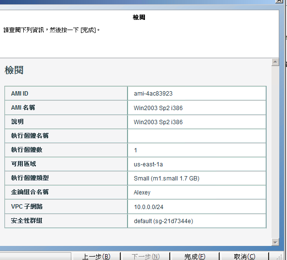 在執行個體建立精靈中檢閱您的選擇