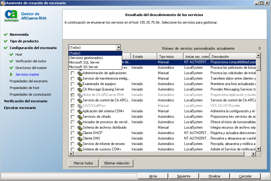 La pantalla Resultado del descubrimiento de los servicios muestra los filtros que se han instalado