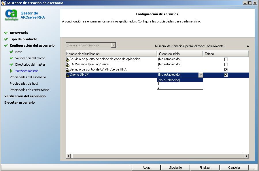 La pantalla Configuración de servicios muestra la orden de inicio