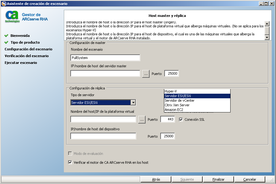 Tipo de servidor que muestra ESX seleccionado