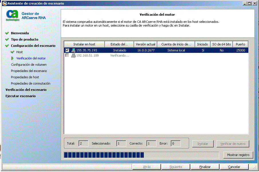 Verificación de la instalación de motor en el cuadro de diálogo de verificación de motor durante la creación del escenario