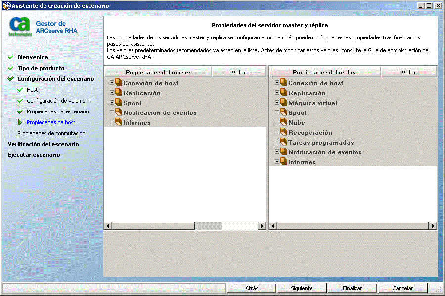 cómo especificar las propiedades de master y réplica en el asistente de creación de escenario