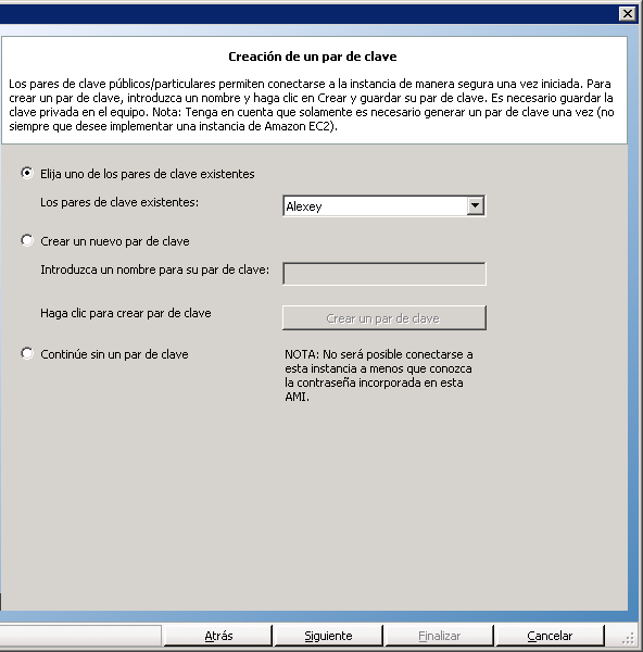 cree un par de clave nuevo o seleccione un par clave existente para conectarse de manera segura a la instancia