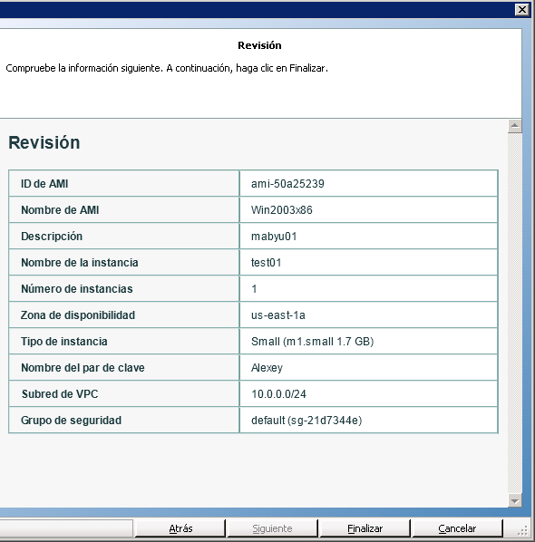 revise las selecciones en el asistente de creación de instancias