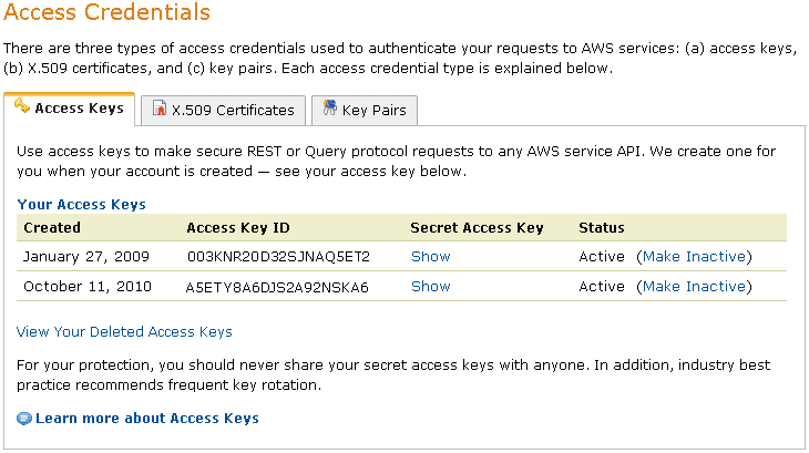 Ilustración de la pantalla Credenciales de acceso de AWS para obtener el par de clave secreto y la dirección ID de clave de acceso