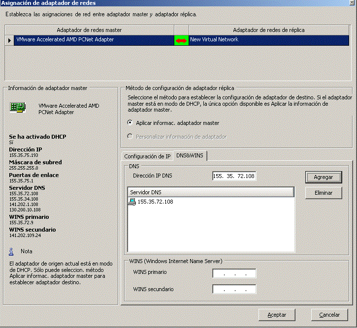 Cómo especificar los adaptadores de red de master y réplica