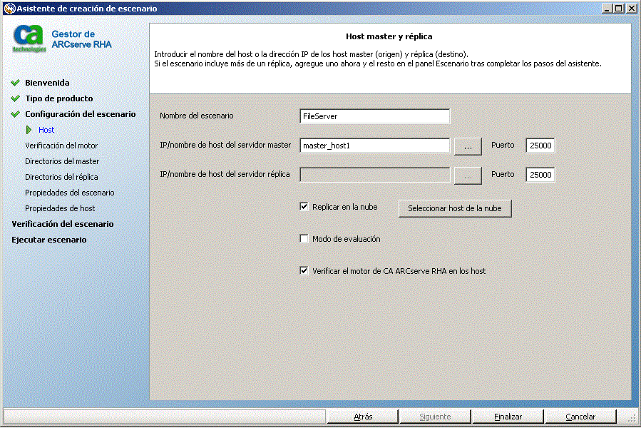 Seleccione la casilla de verificación Replicar en la nube y haga clic en el botón Seleccionar host de la nube para especificar una instancia de réplica de EC2 para la replicación de datos