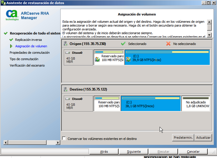 Asistente de restauración de datos - Pantalla Asignación de volúmenes