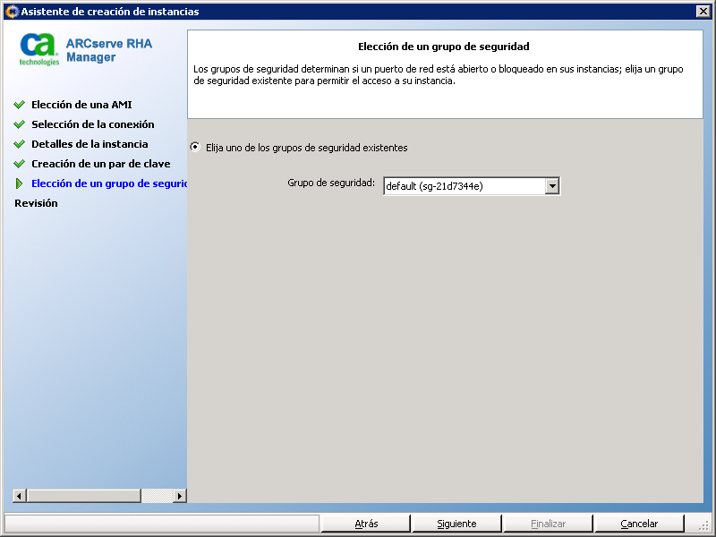 Grupo de seguridad en el asistente de creación de instancias