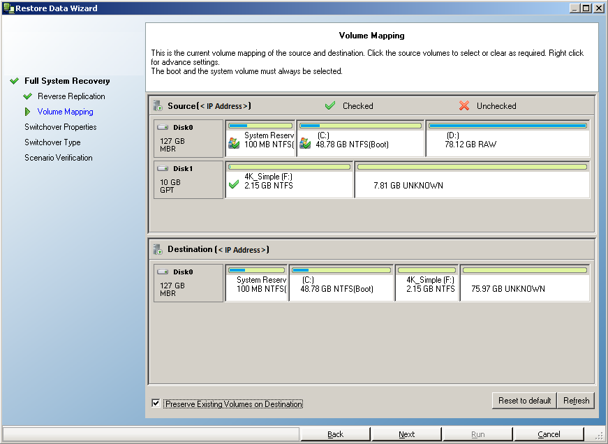 Restore Data Wizard - Volume Mapping screen.