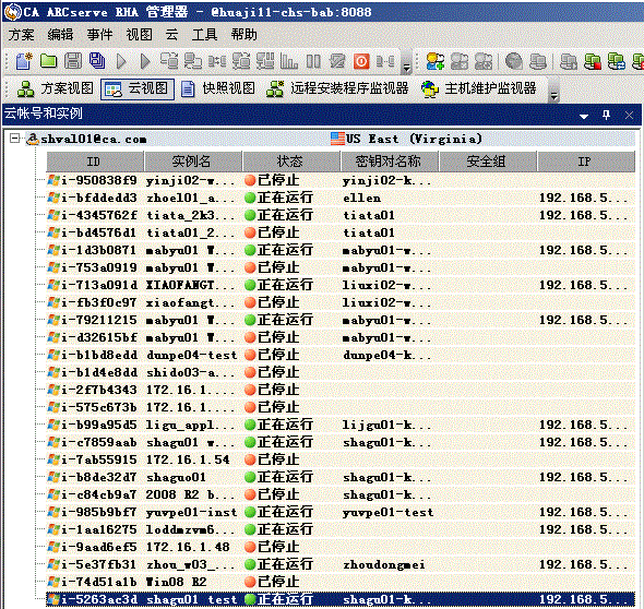RHA 云视图面板_显示 AWS 帐号和实例的左窗格