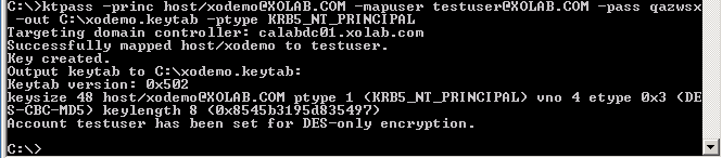 在指定 DC 上所建立 ktpass keytab 檔案的範例