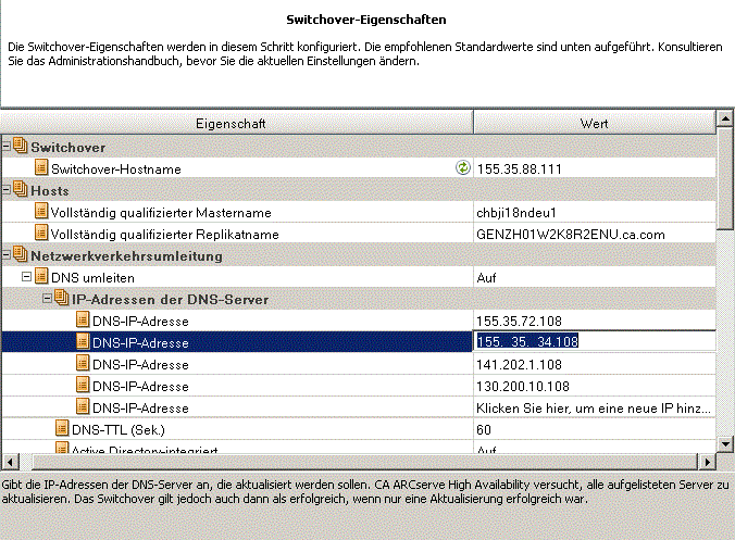 Beispiele für Cloud-Eigenschaften, die im Dialogfeld "Switchover-Eigenschaften" angegeben sind