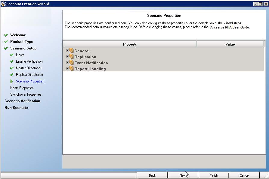 The scenario properties screen opens