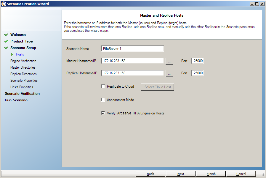 Specify the servers in a scenario on the Master and Replica Hosts screen