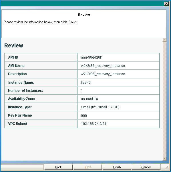 review your selections in the instance creation wizard