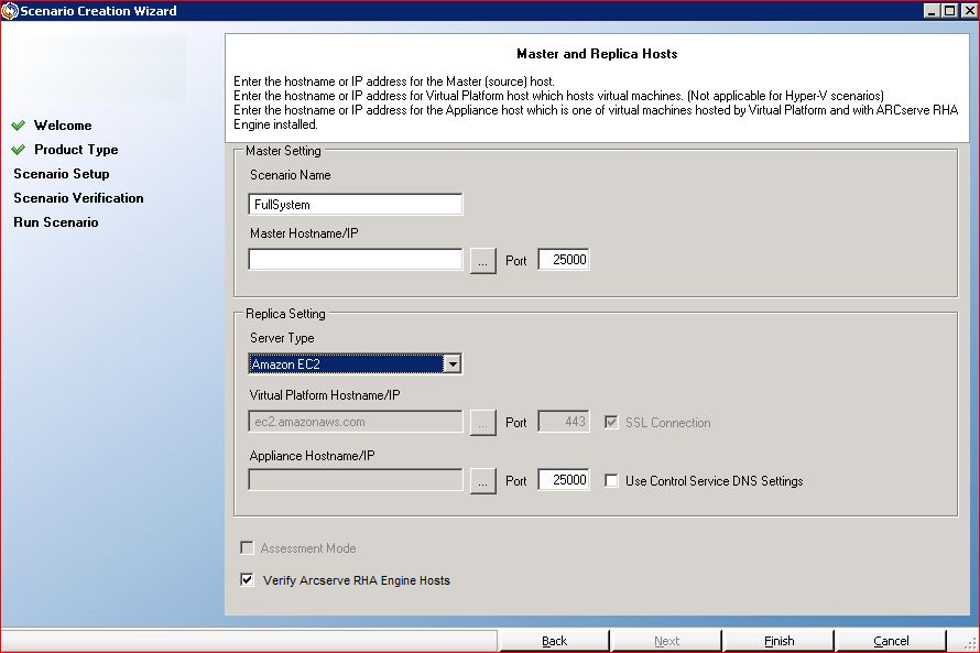 scenario creation wizard select master and replica hosts