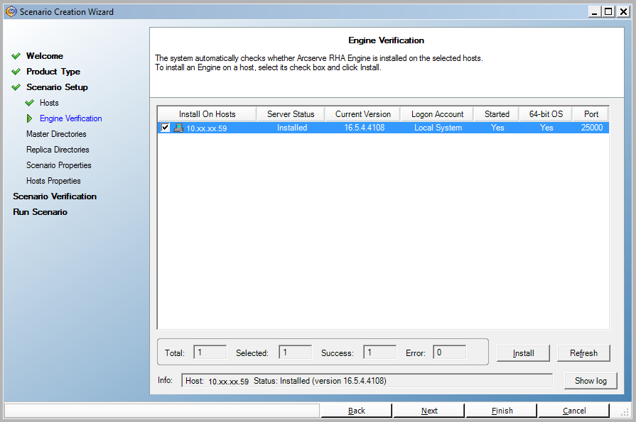 Verifying engine installation in the engine verification dialog during scenario creation